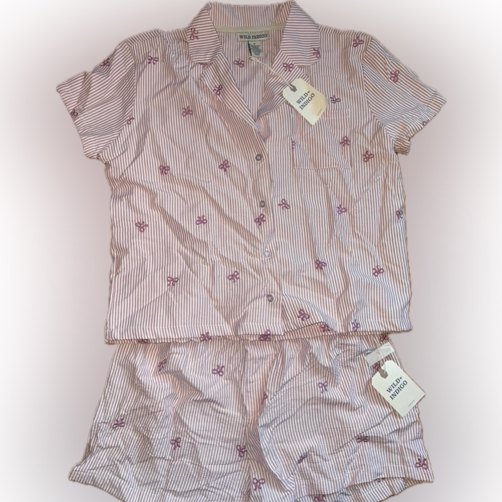 Wild Indigo Striped Pink Pajama Set with pink bows size M
